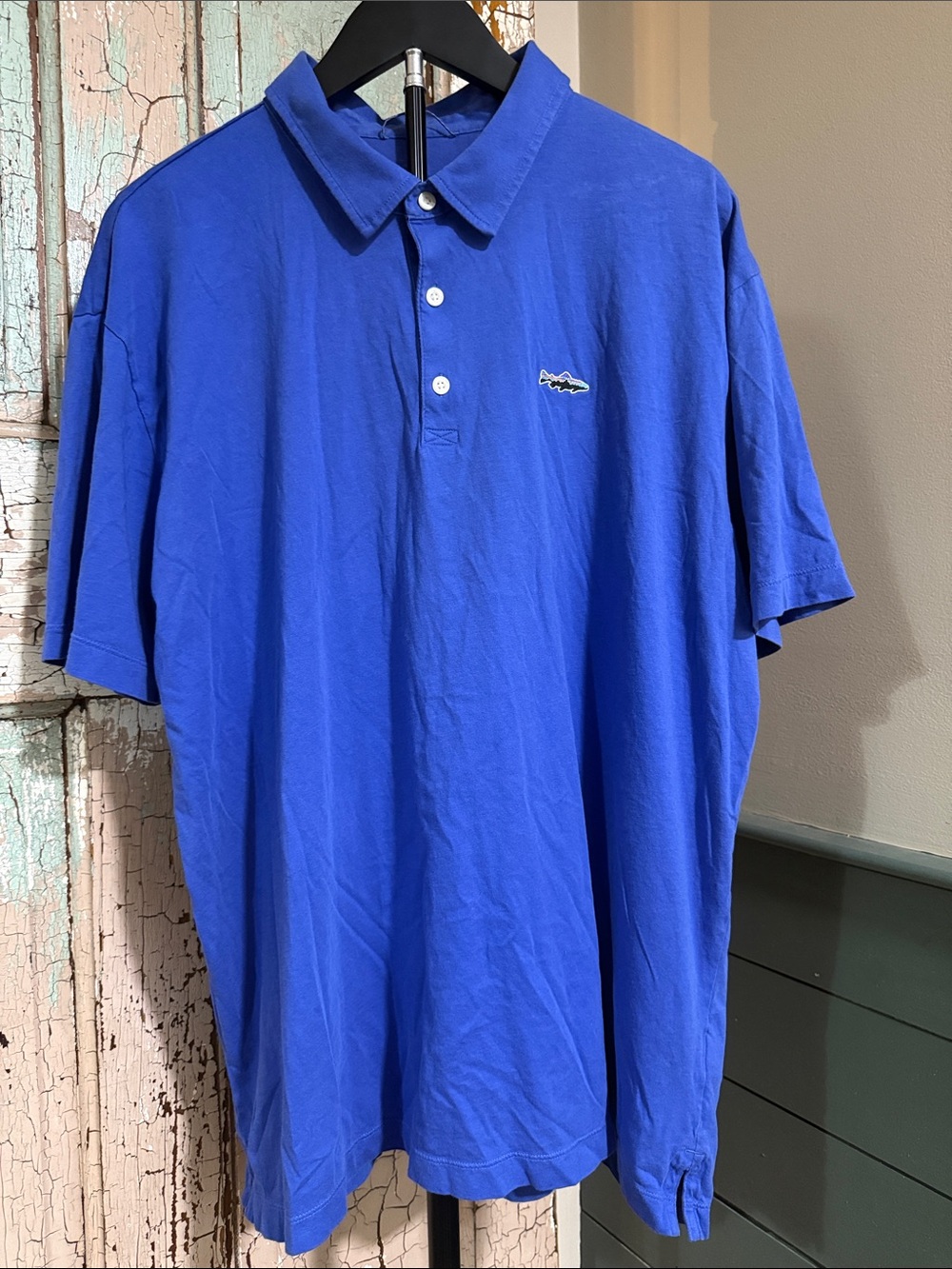 Patagonia Fitz Roy Trout Polo Shirt Men’s XL Blue Fly Fishing Logo